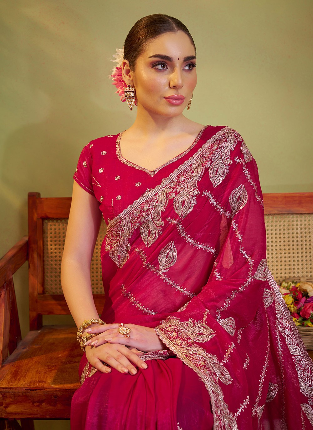 Embroidered Chiffon Pink Saree S14404