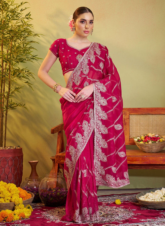 Embroidered Chiffon Pink Saree S14404