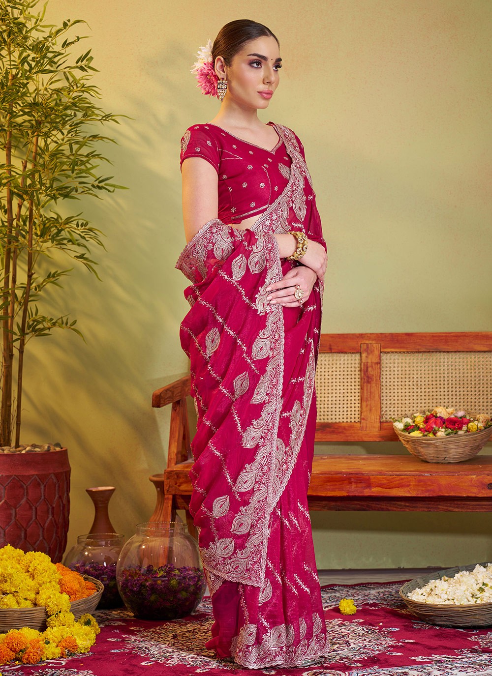Embroidered Chiffon Pink Saree S14404