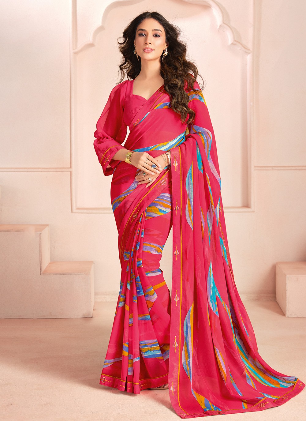 Digital Print Georgette Pink Classic Saree S15276