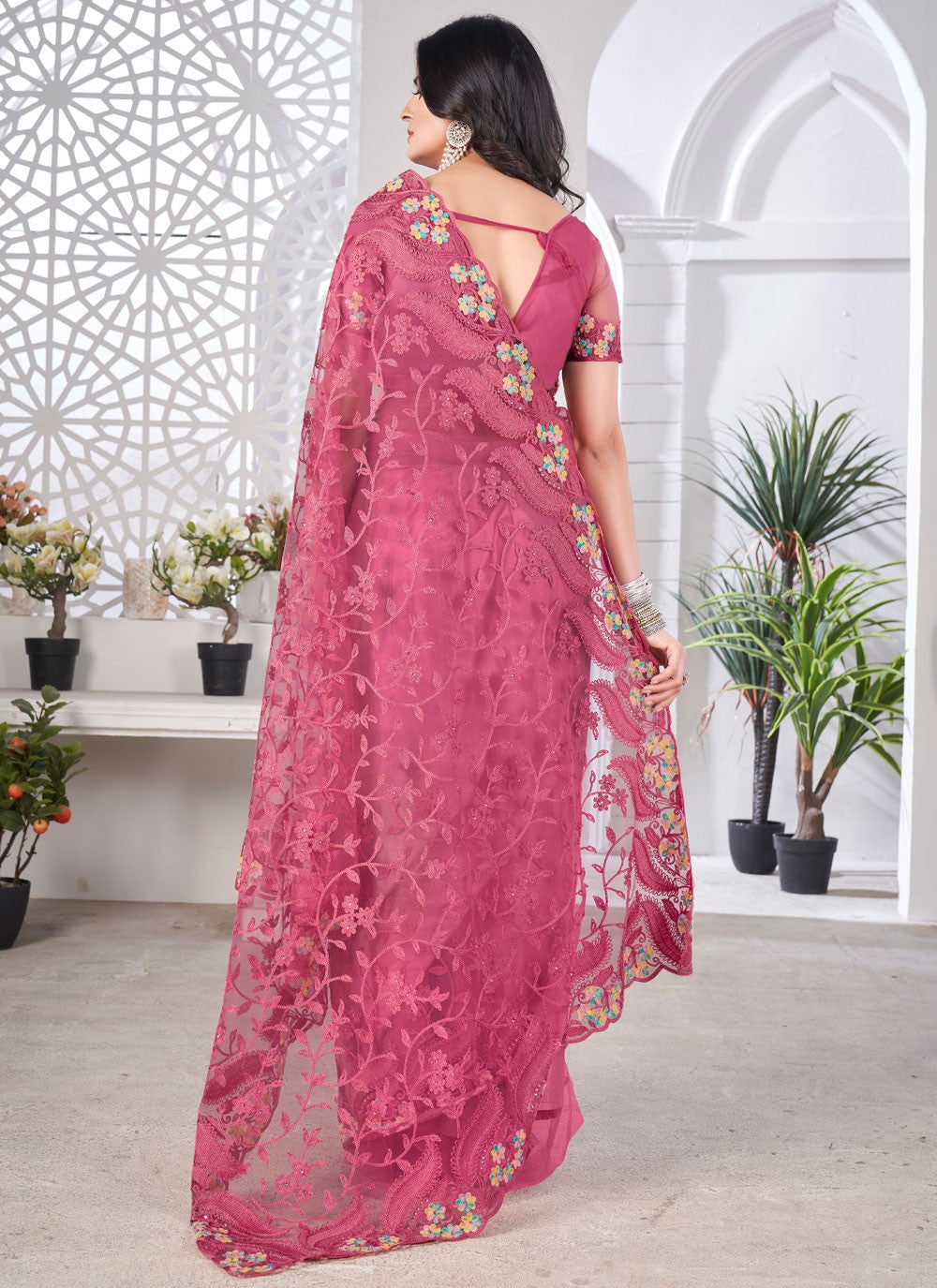 Pink Net Designer Saree Embroidered, Stones S15703