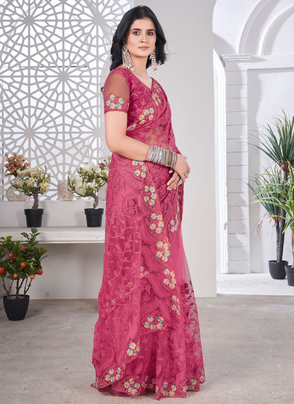 Pink Net Designer Saree Embroidered, Stones S15703