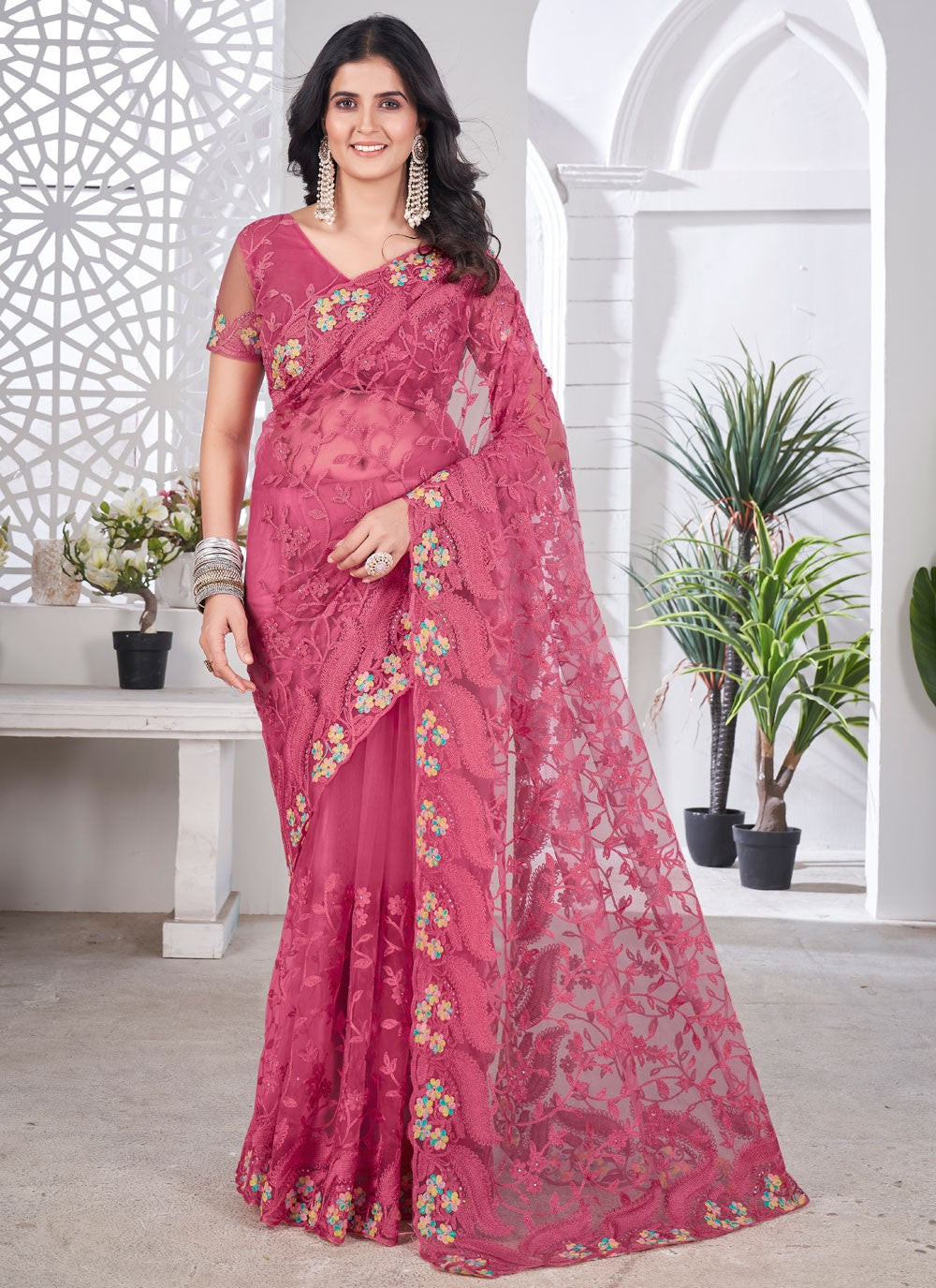 Pink Net Designer Saree Embroidered, Stones S15703