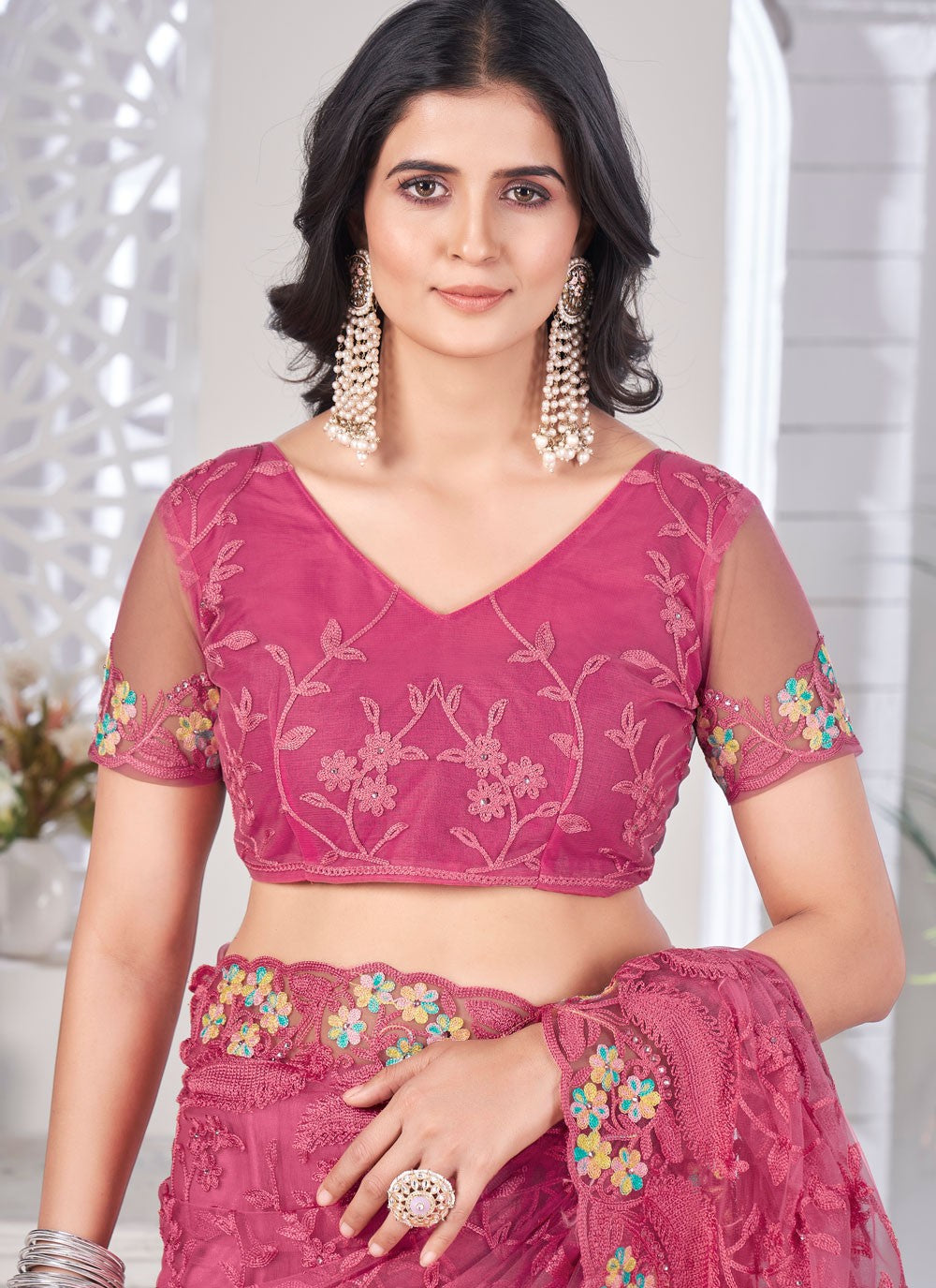 Pink Net Designer Saree Embroidered, Stones S15703