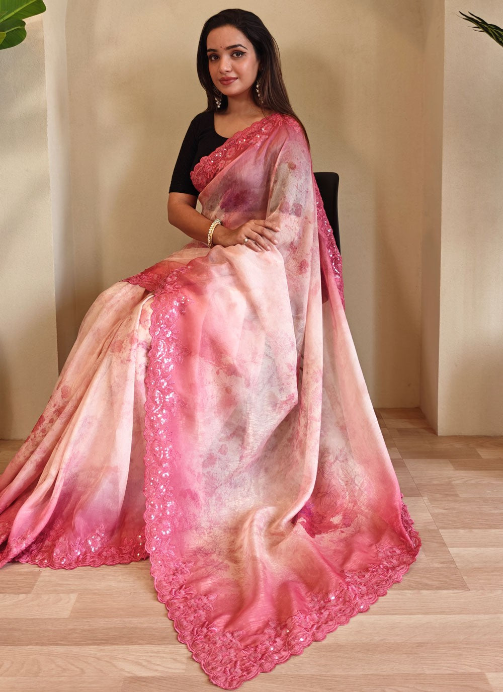 Pink Organza Designer Saree Cut Work, Embroidered, Printed, Sequins S15731