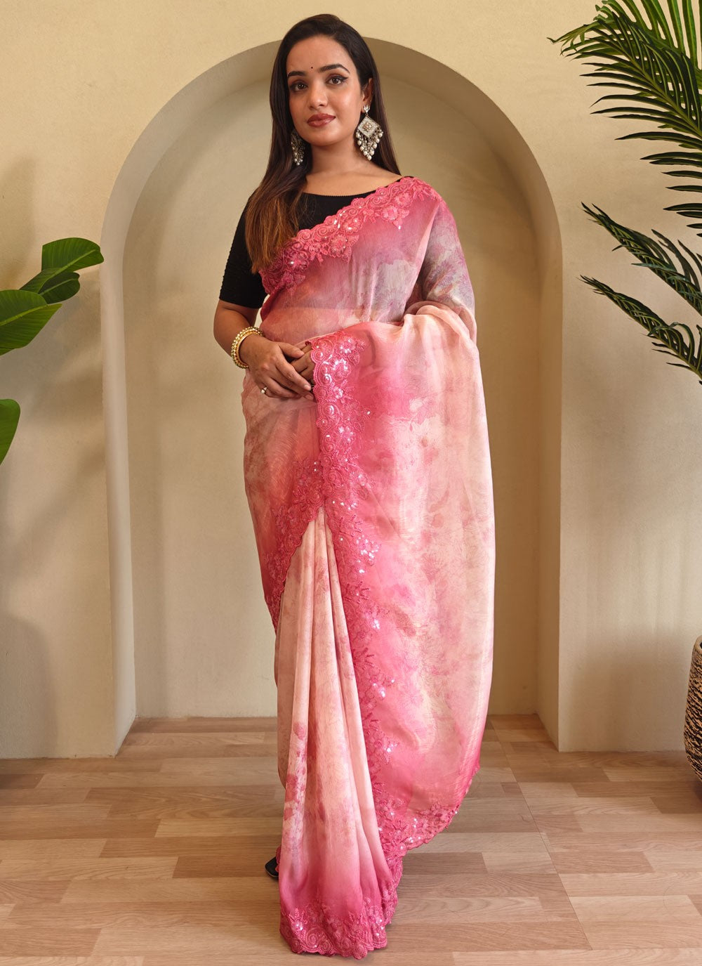 Pink Organza Designer Saree Cut Work, Embroidered, Printed, Sequins S15731