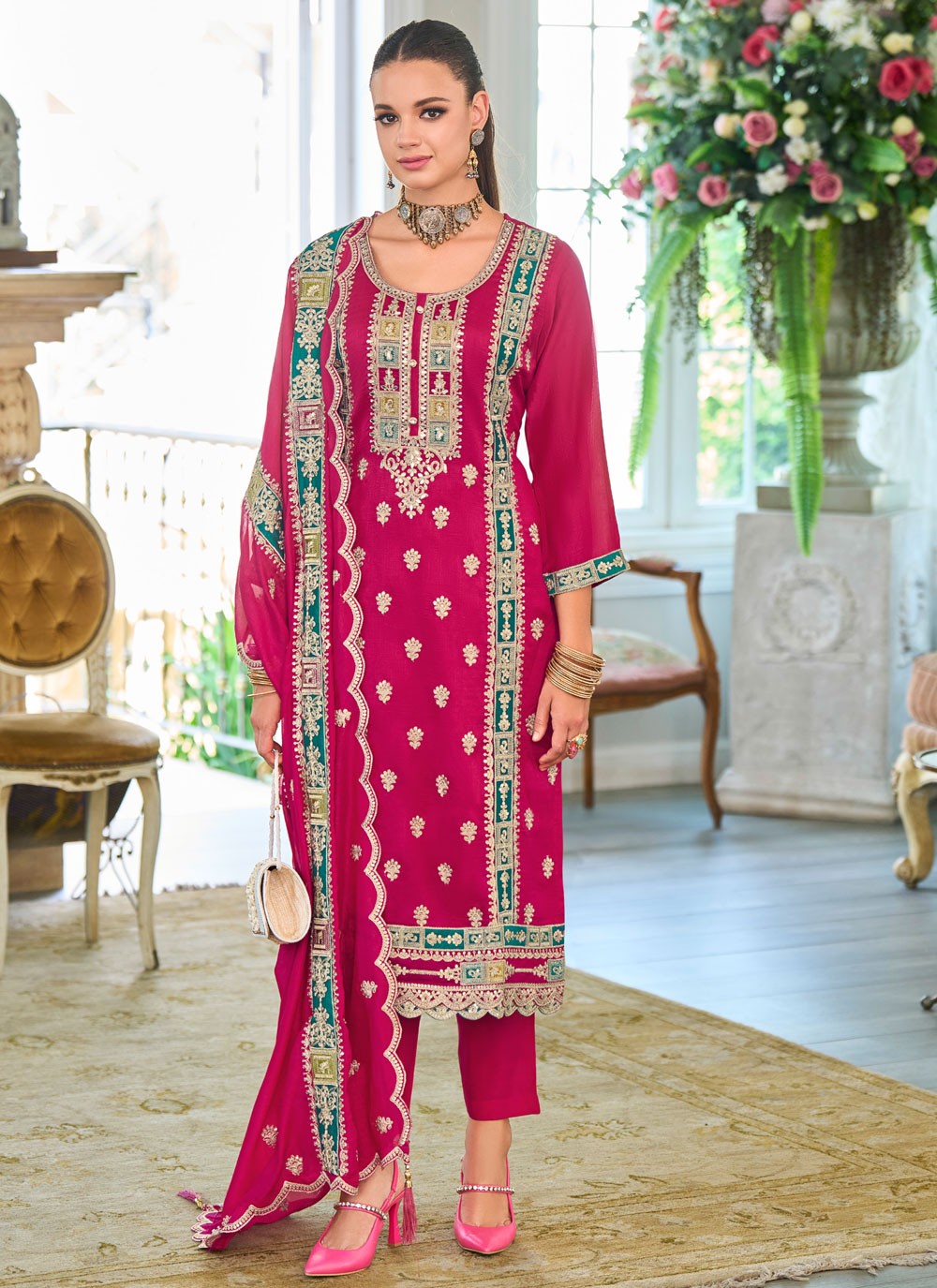 Pant Style Suit Embroidered, Resham, Zari Pink T8465