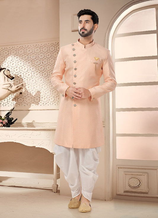 Woven Jacquard Pink Sherwani - M7568