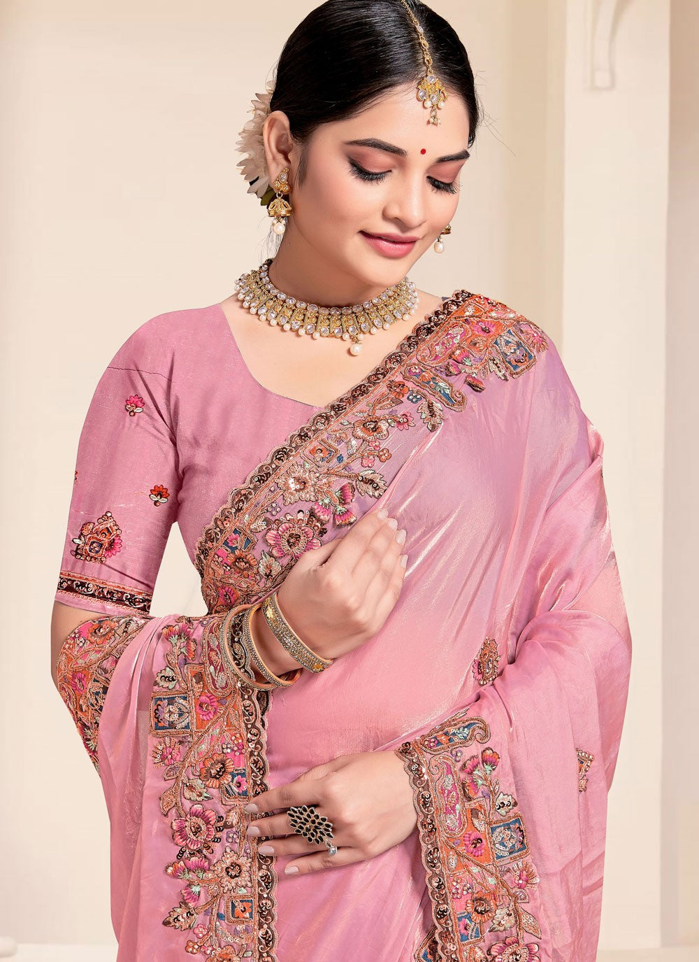 Contemporary Beads Pink Silk Saree S13081