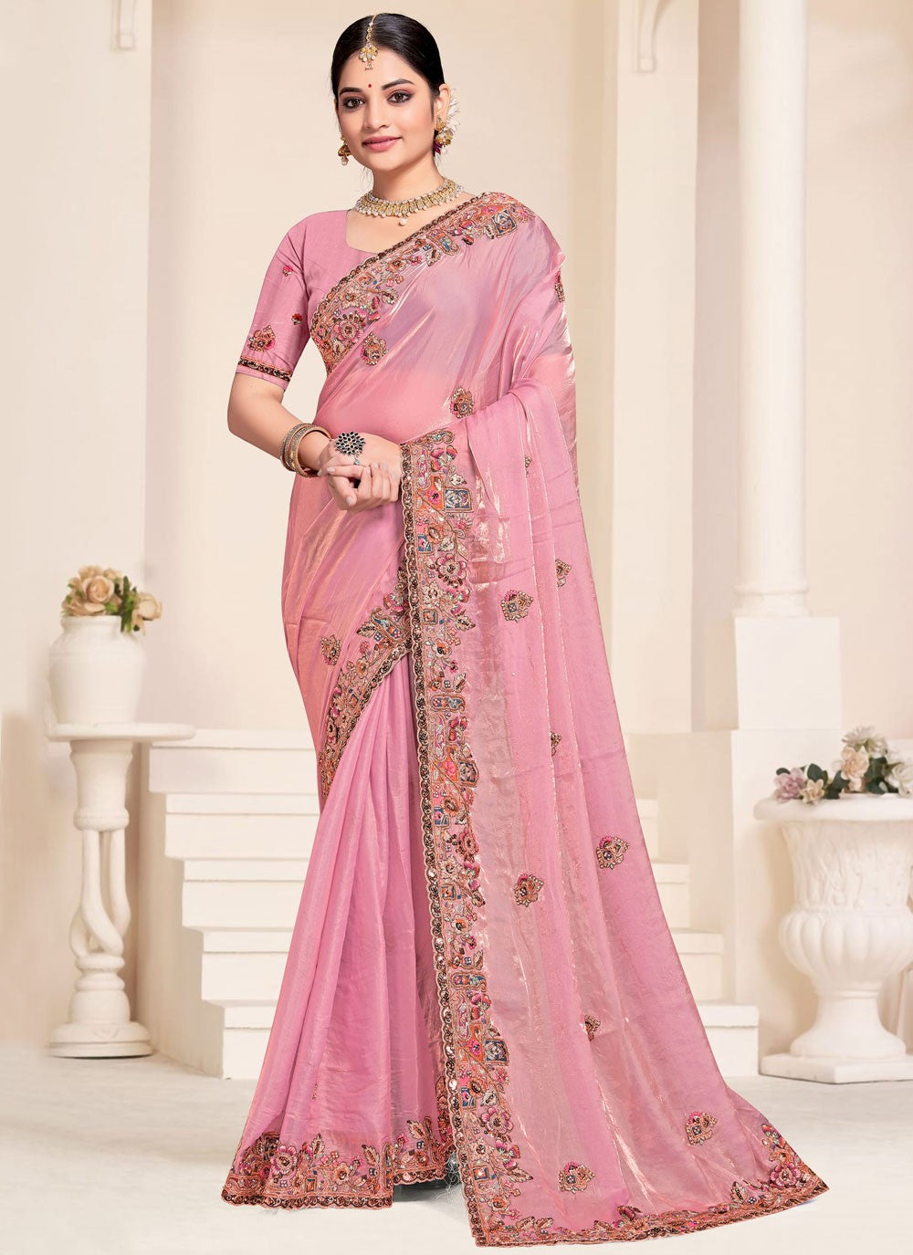 Contemporary Beads Pink Silk Saree S13081