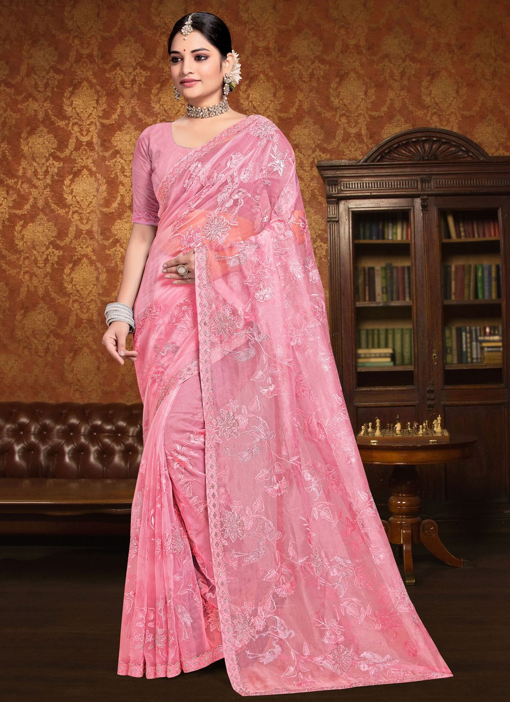 Trendy Saree Embroidered Pink Organza Saree S13252