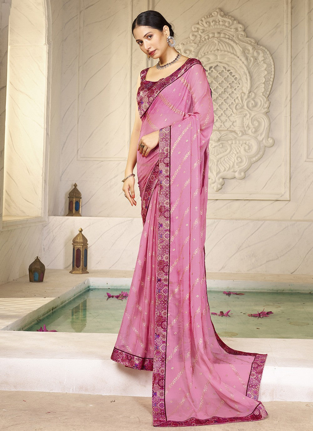Foliage Prints Chiffon Pink Contemporary Saree S15272