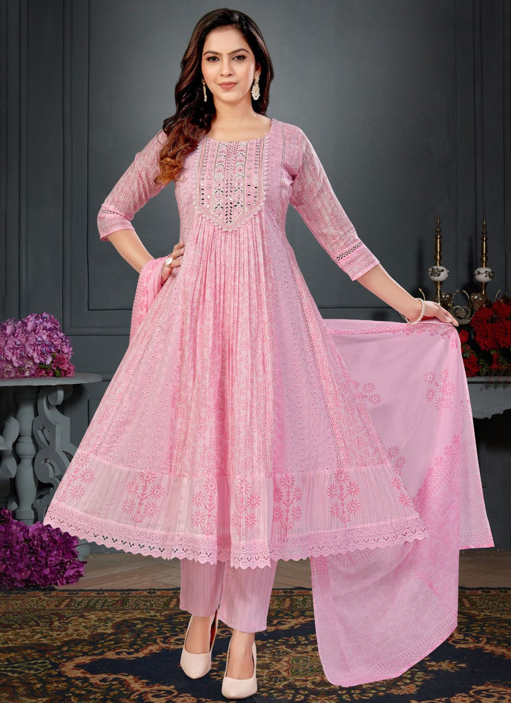 Anarkali Chikankari Work, Embroidered, Mirror Pink T8409