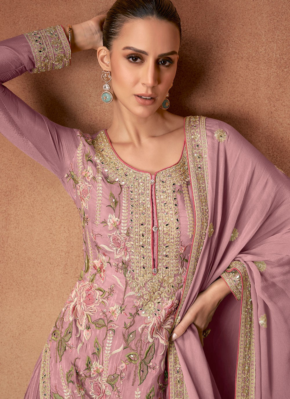 Salwar Suit Embroidered Pink Chinon T5344