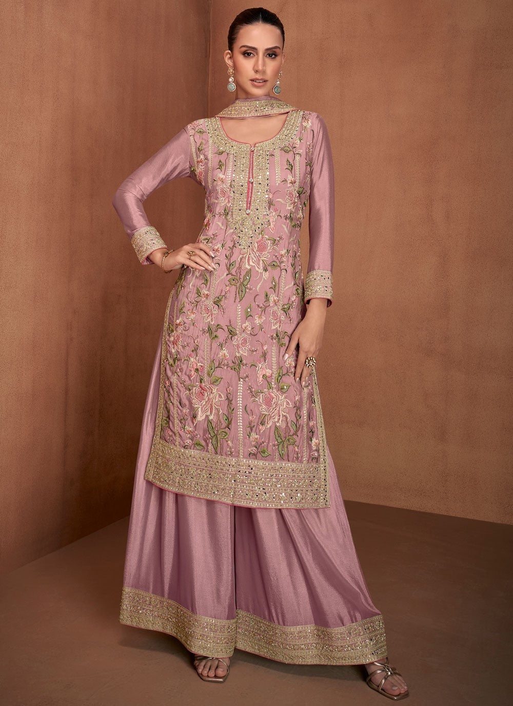 Salwar Suit Embroidered Pink Chinon T5344