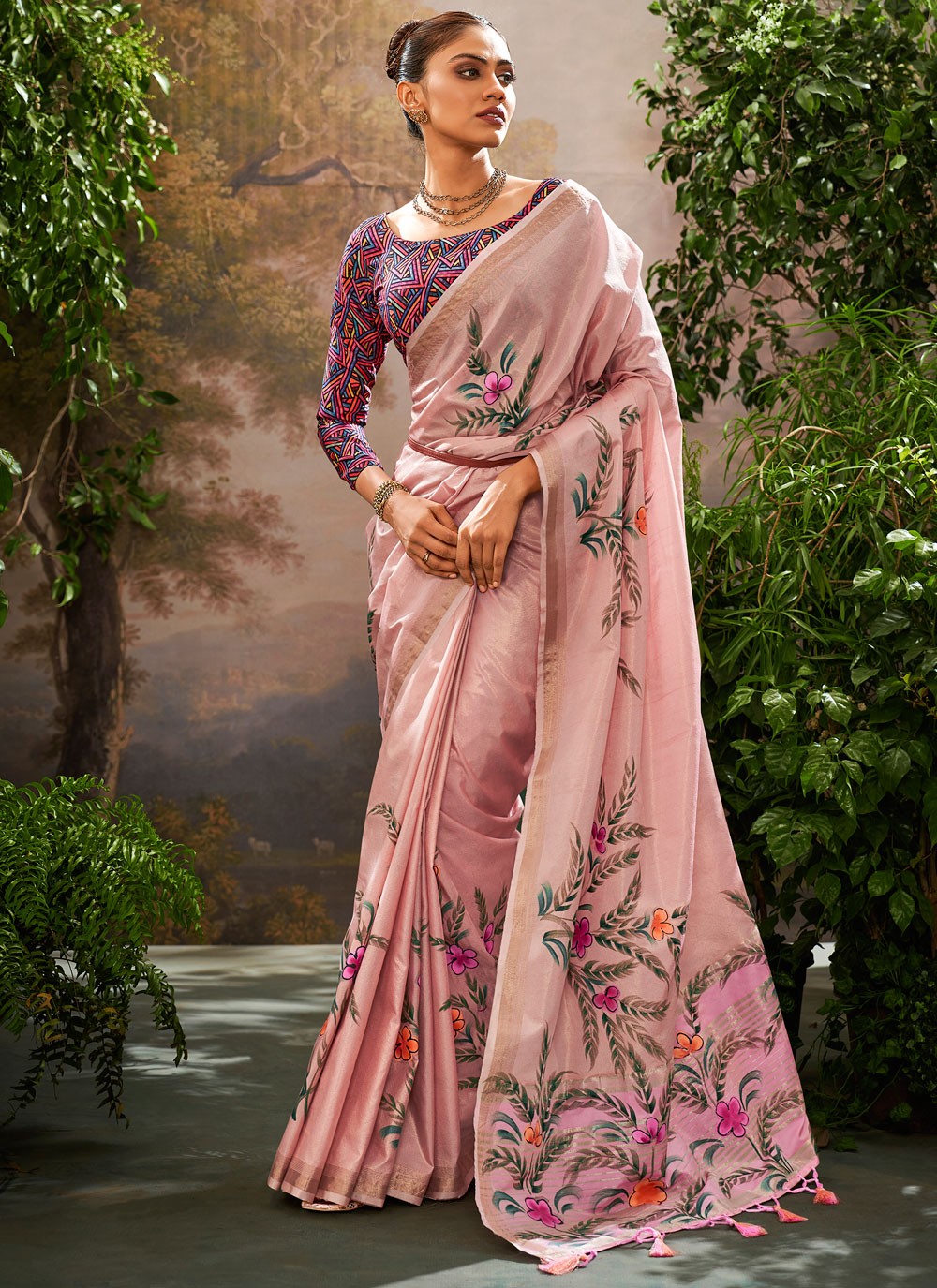 Classic Printed Linen Saree - S8387