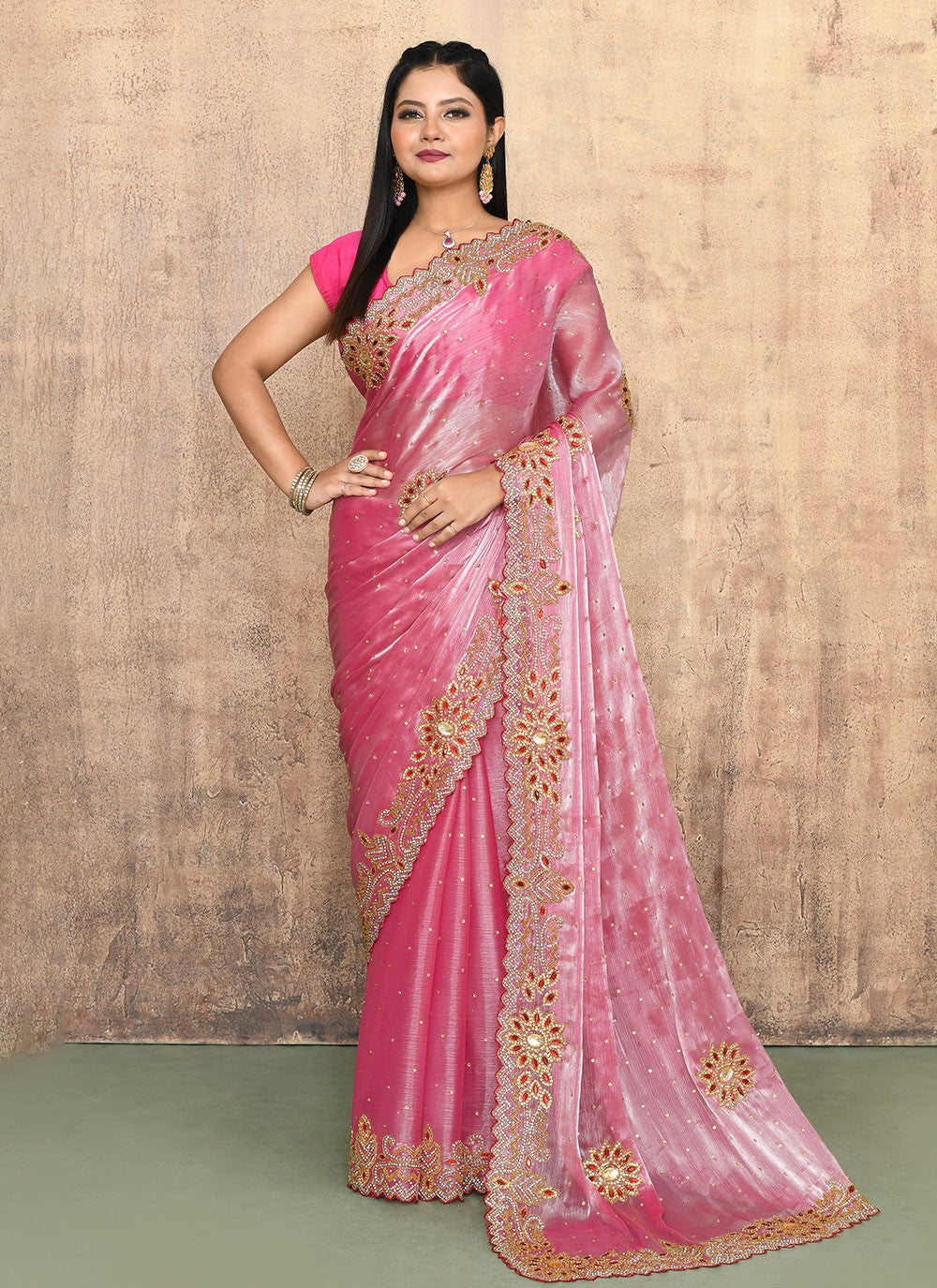 Classic Saree Hand Embroidery Pink Kanjivaram Silk Saree S13105