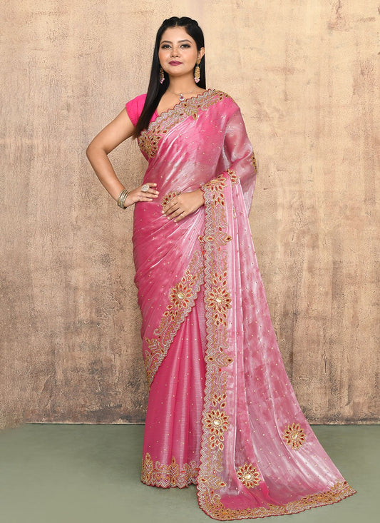 Classic Saree Hand Embroidery Pink Kanjivaram Silk Saree S13105