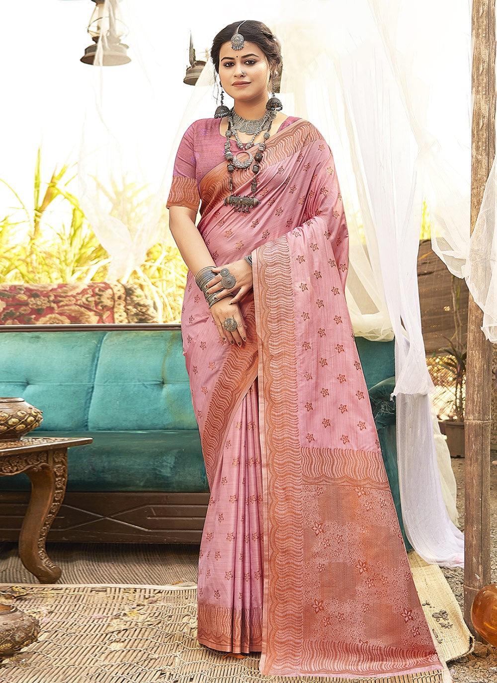 Weaving Zari Silk Pink Saree S14601