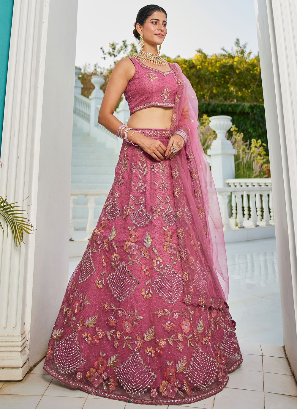 Beads Net Pink Lehenga - L3382