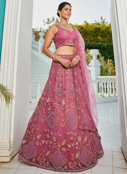 Beads Net Pink Lehenga - L3382