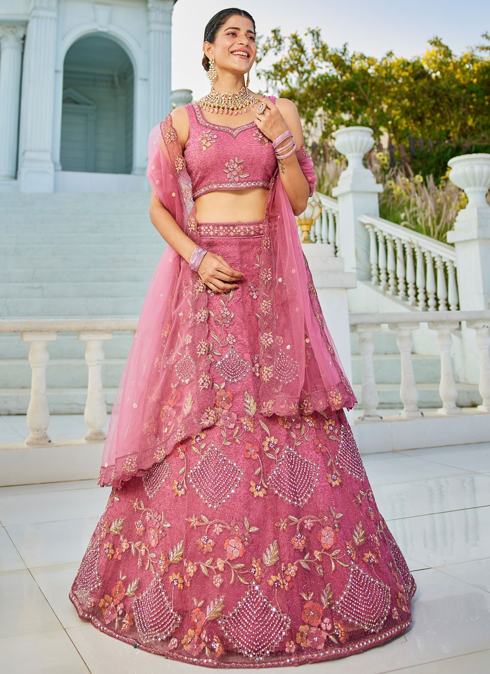 Beads Net Pink Lehenga - L3382