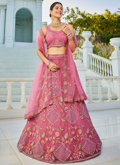 Beads Net Pink Lehenga - L3382