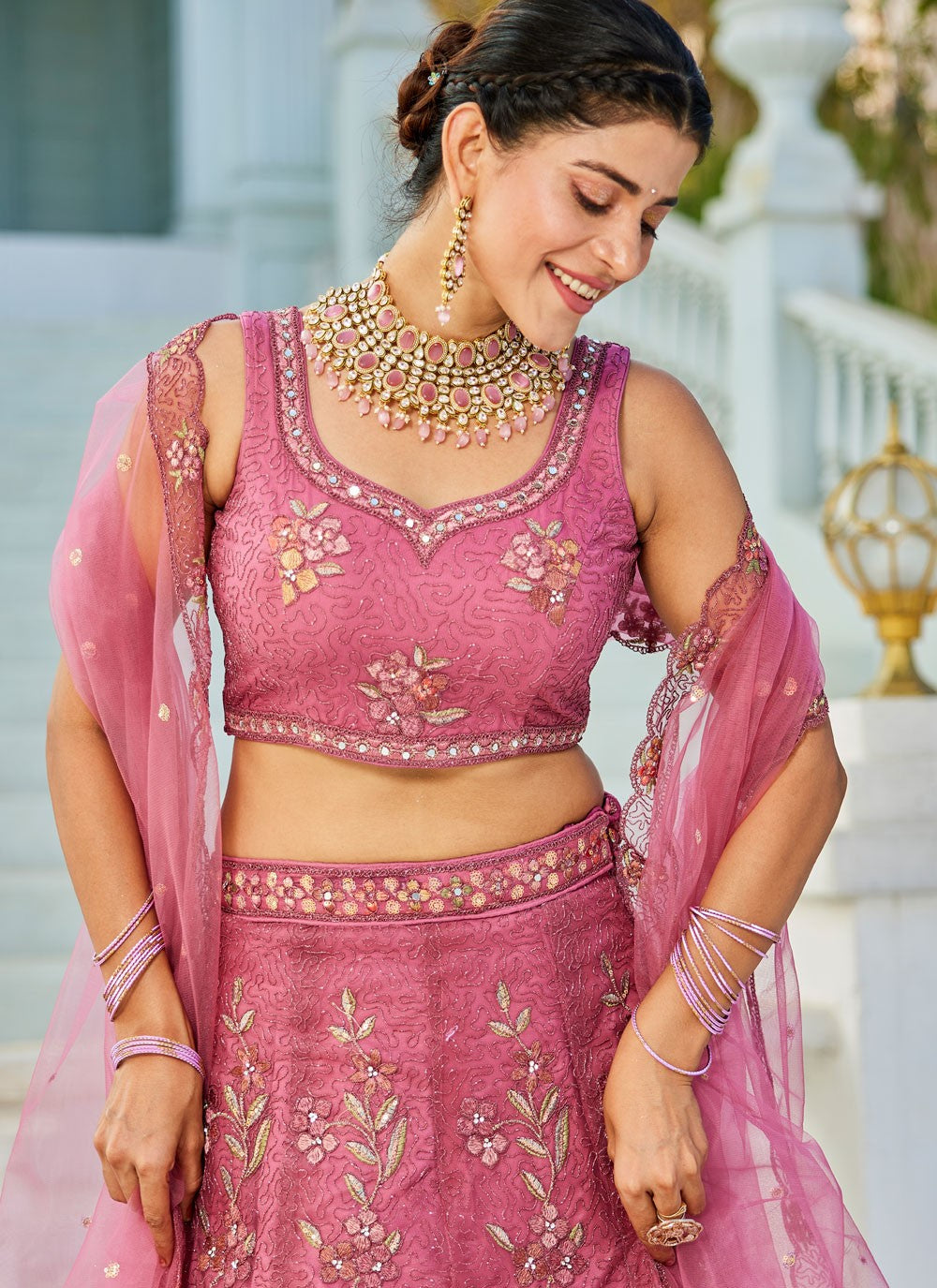 Beads Net Pink Lehenga - L3382