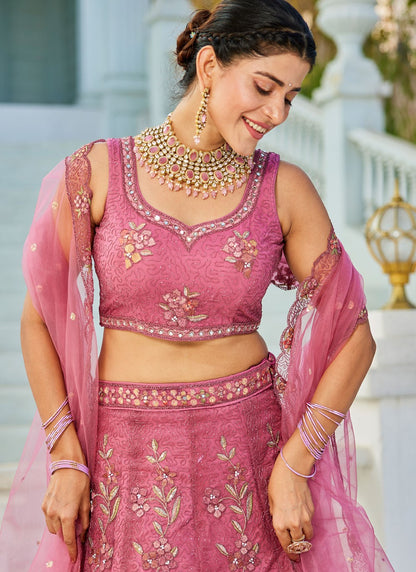 Beads Net Pink Lehenga - L3382