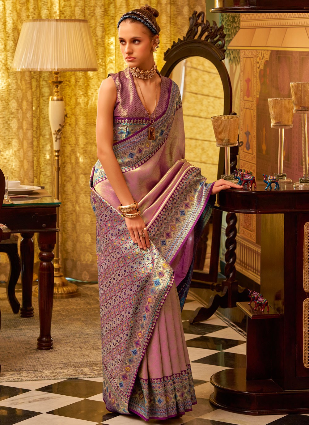 Weaving Zari Silk Pink Saree S14625