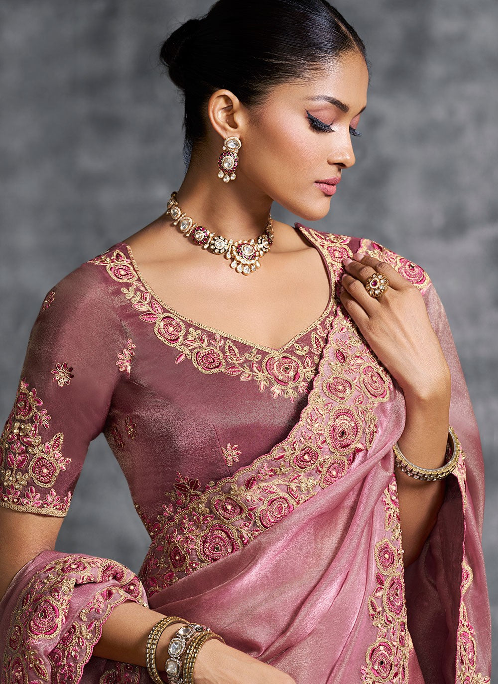 Pink Tissue Classic Saree Embroidered, Resham, Thread S19886