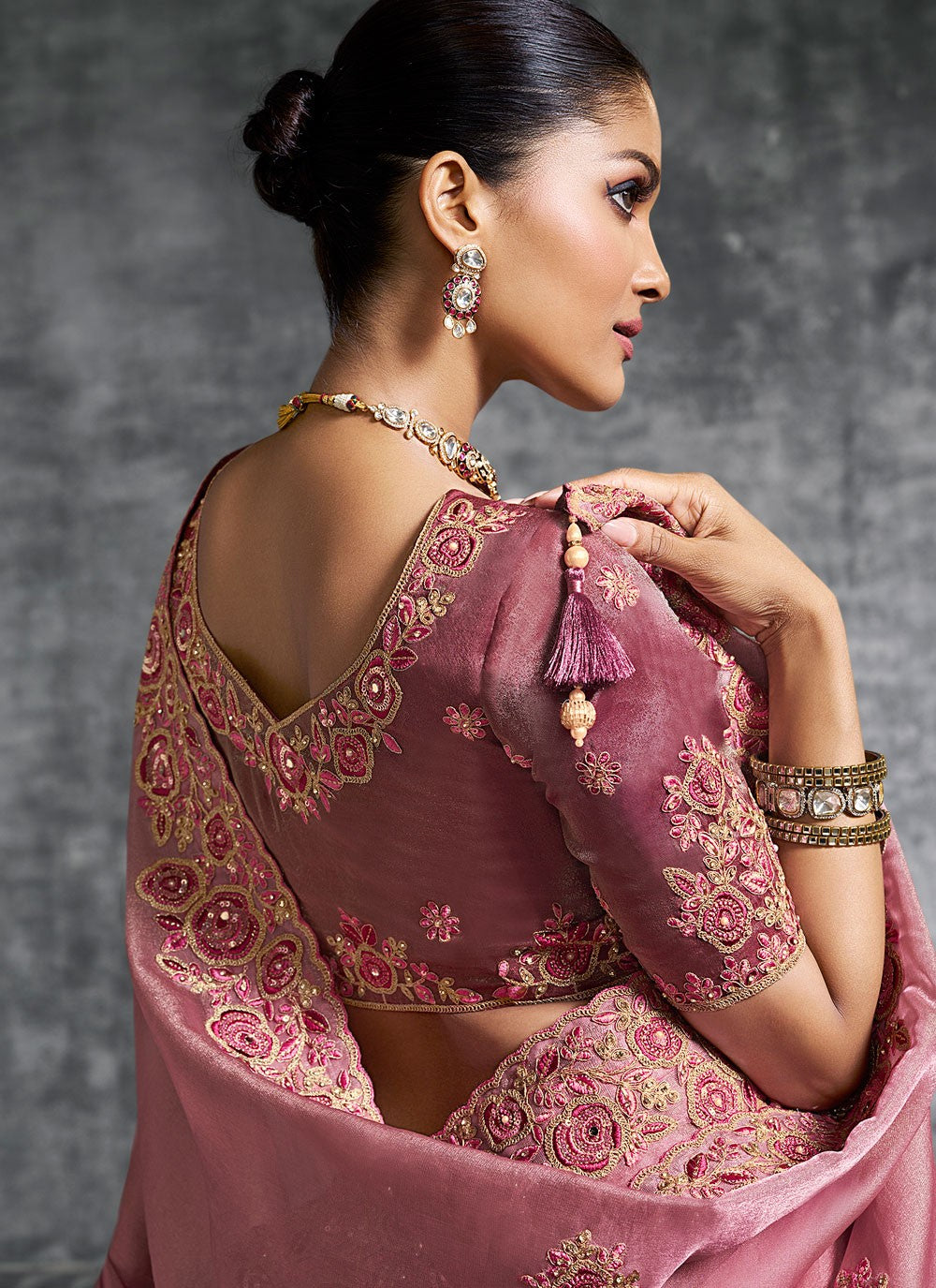 Pink Tissue Classic Saree Embroidered, Resham, Thread S19886