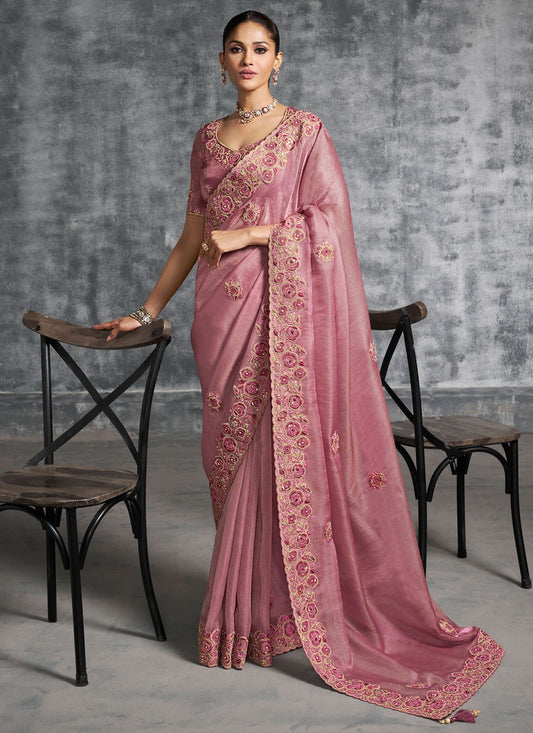 Pink Tissue Classic Saree Embroidered, Resham, Thread S19886