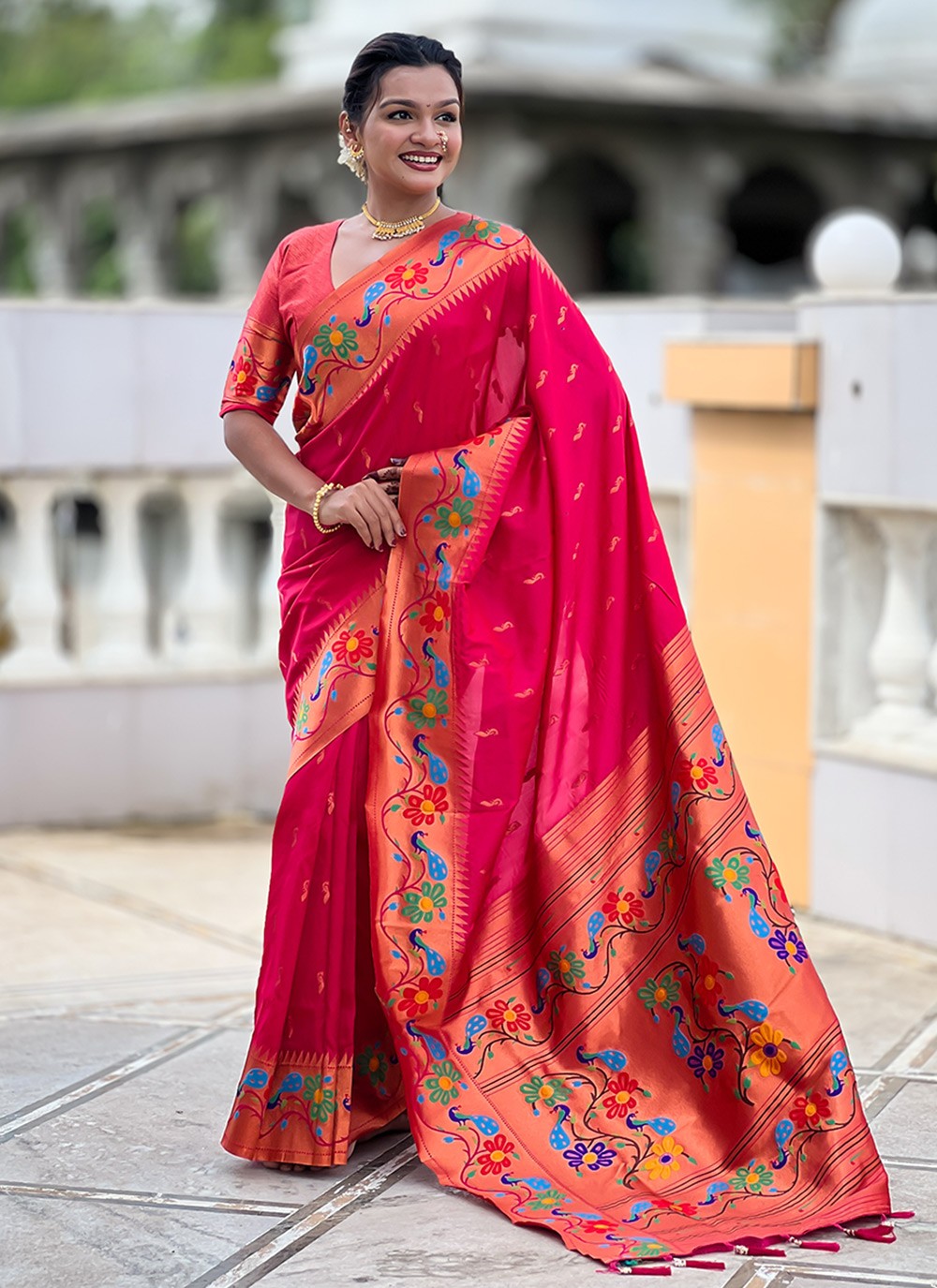 Pink Silk Classic Saree Jacquard Work, Meenakari S19951