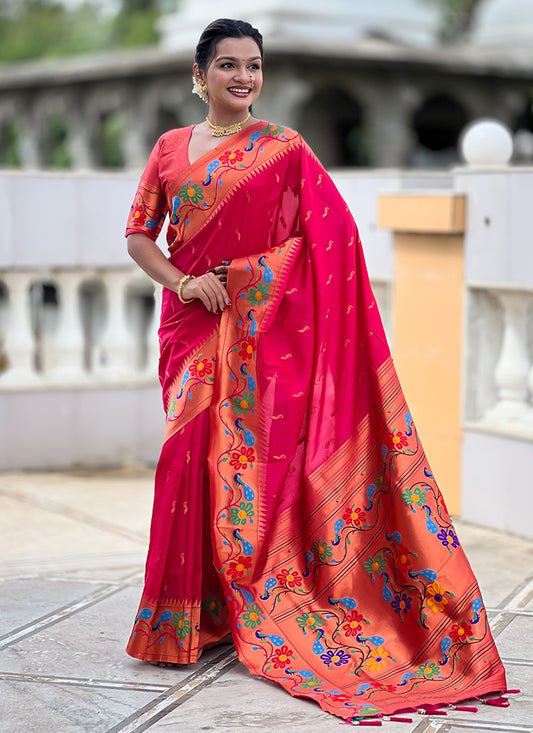 Pink Silk Classic Saree Jacquard Work, Meenakari S19951