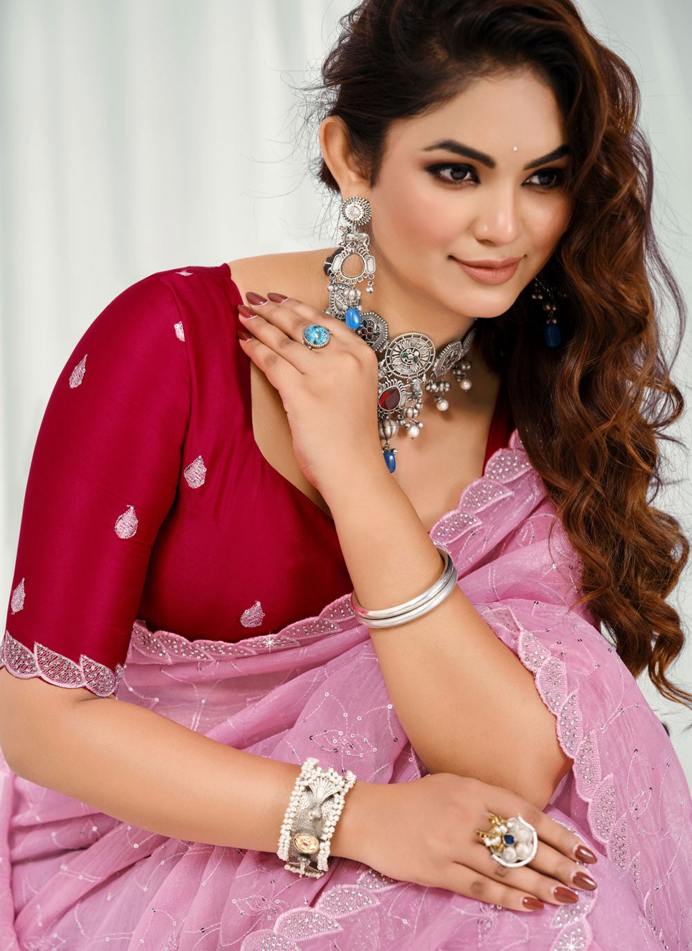 Pink Silk Contemporary Saree Embroidered S20505
