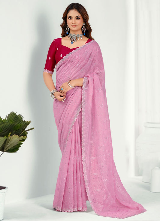 Pink Silk Contemporary Saree Embroidered S20505