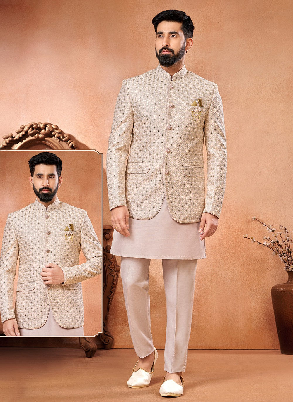 Embroidered Banarasi Silk Pink Jodhpuri Suit - M6673