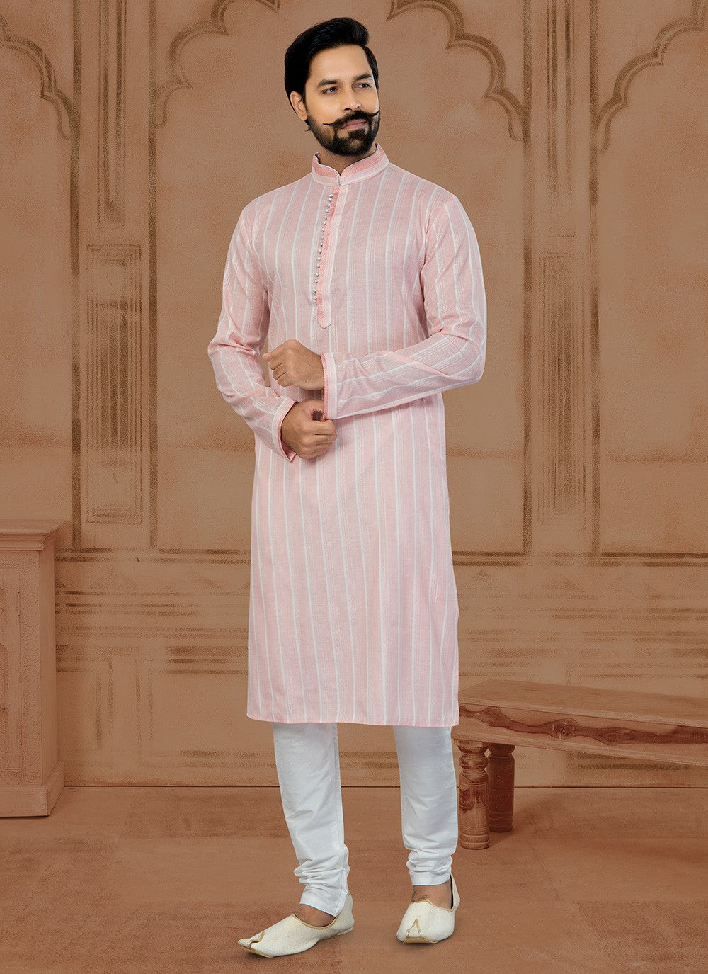 Fancy Work Soft Cotton Pink Kurta - M5778