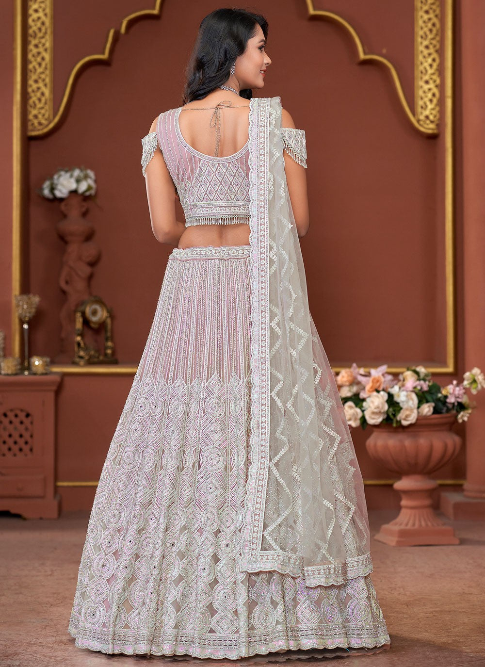 Embroidered Net Pink Lehenga - L3326