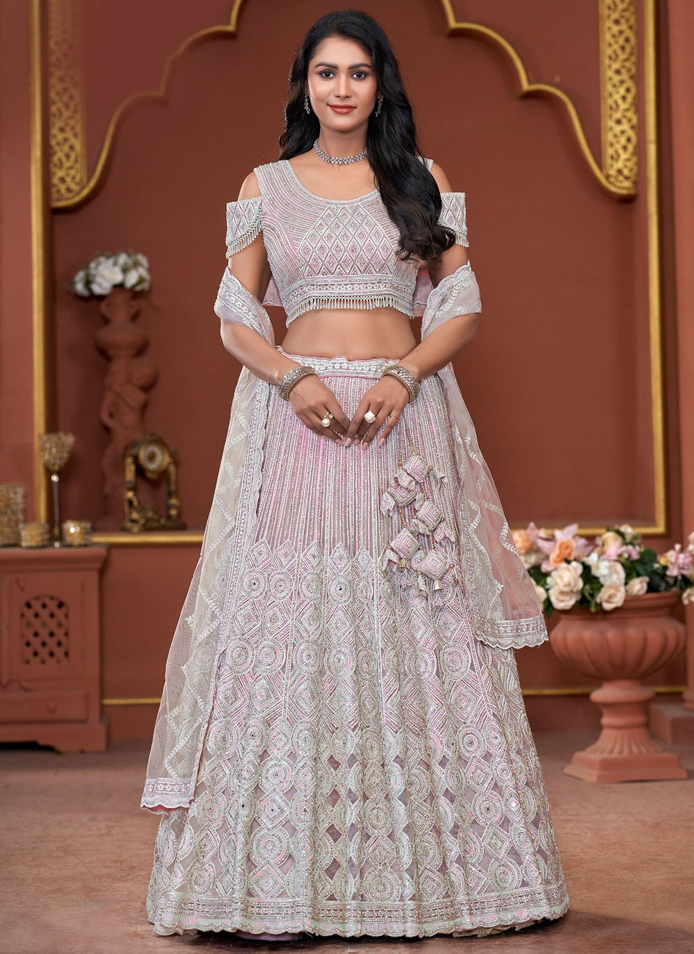 Embroidered Net Pink Lehenga - L3326