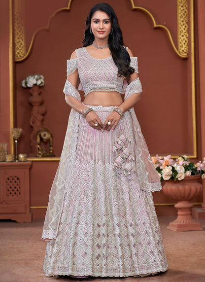Embroidered Net Pink Lehenga - L3326