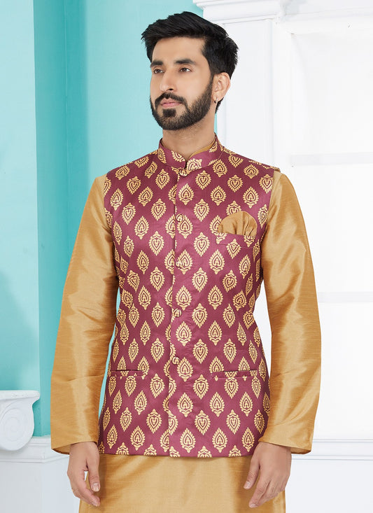 Printed Banarasi Silk Pink Nehru Jackets - M7487