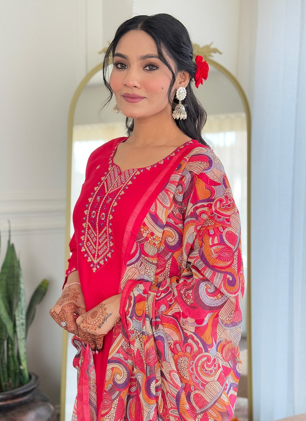 Embroidered Rayon Pink Pant Style Suit T6291