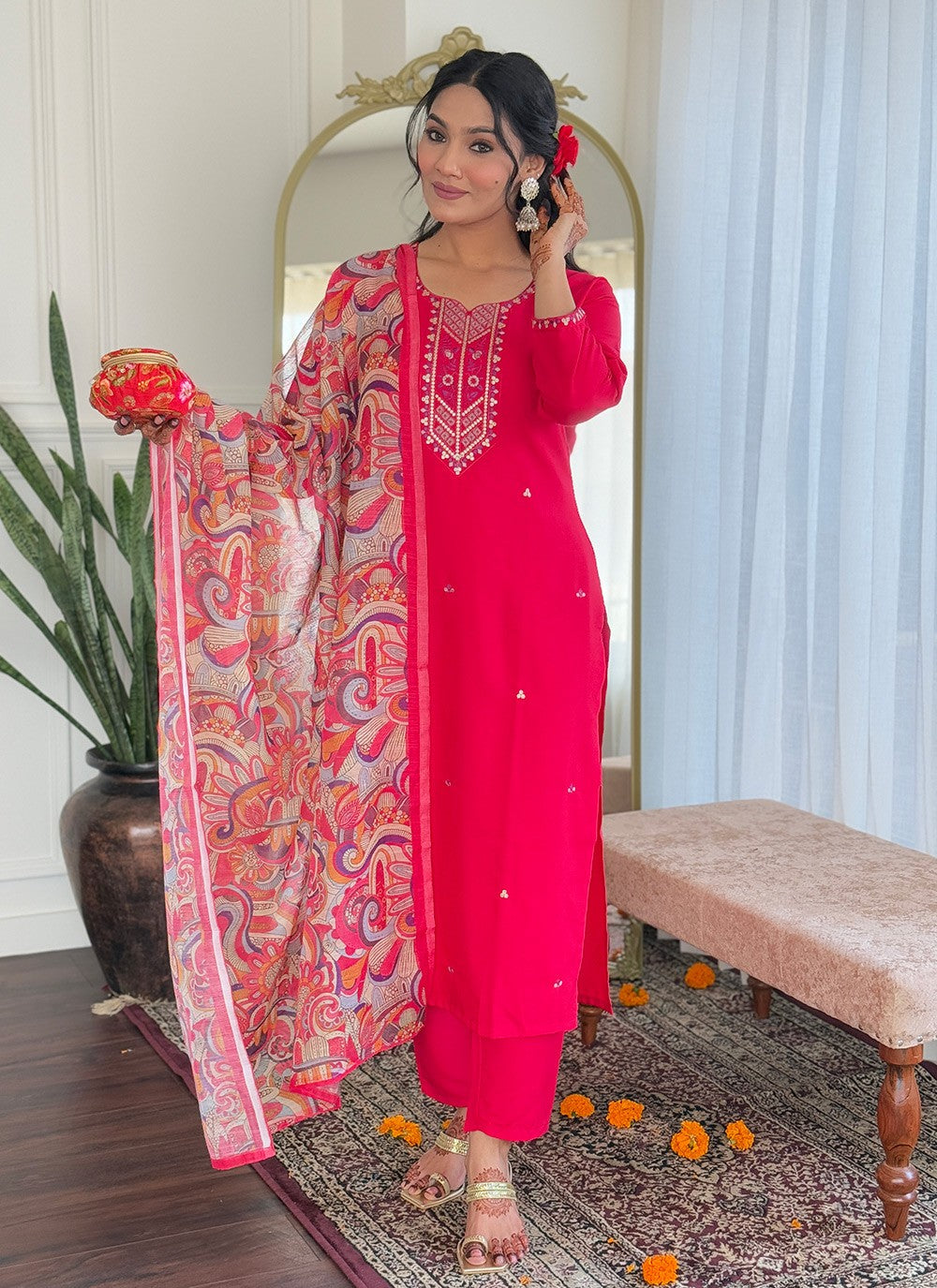 Embroidered Rayon Pink Pant Style Suit T6291