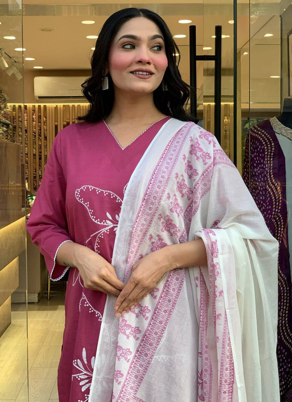 Pant Style Suit Embroidered, Printed Pink T7381