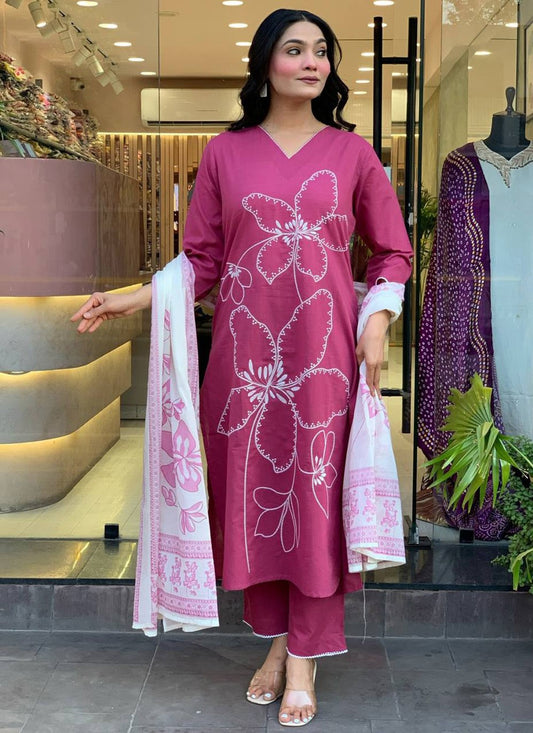 Pant Style Suit Embroidered, Printed Pink T7381