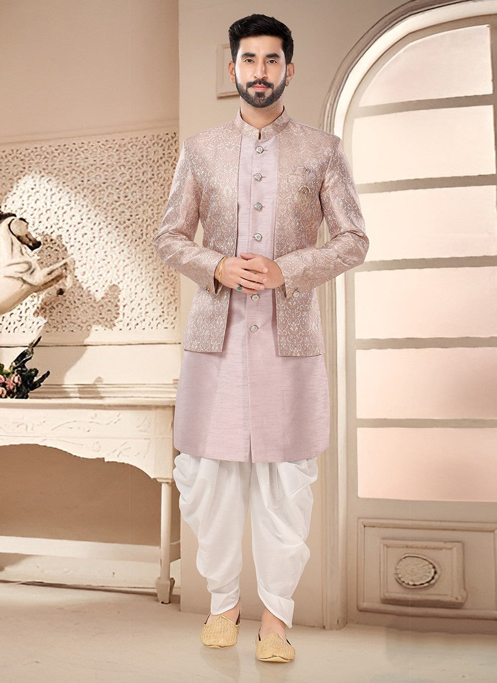 Printed Silk Pink Sherwani - M7537