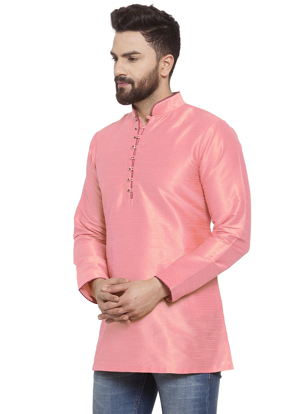 Plain Dupion Silk Pink Short Kurta - M5715