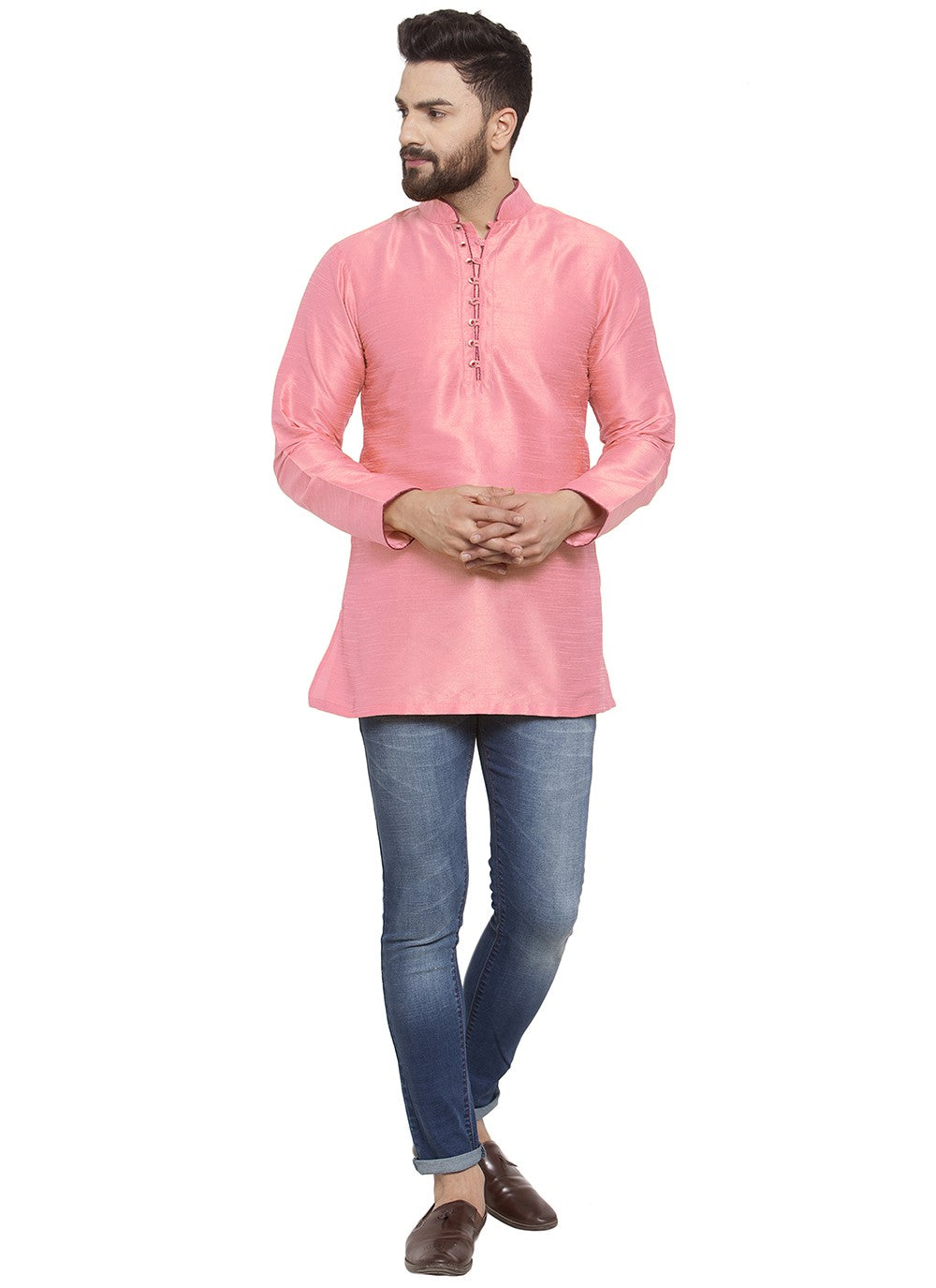 Plain Dupion Silk Pink Short Kurta - M5715